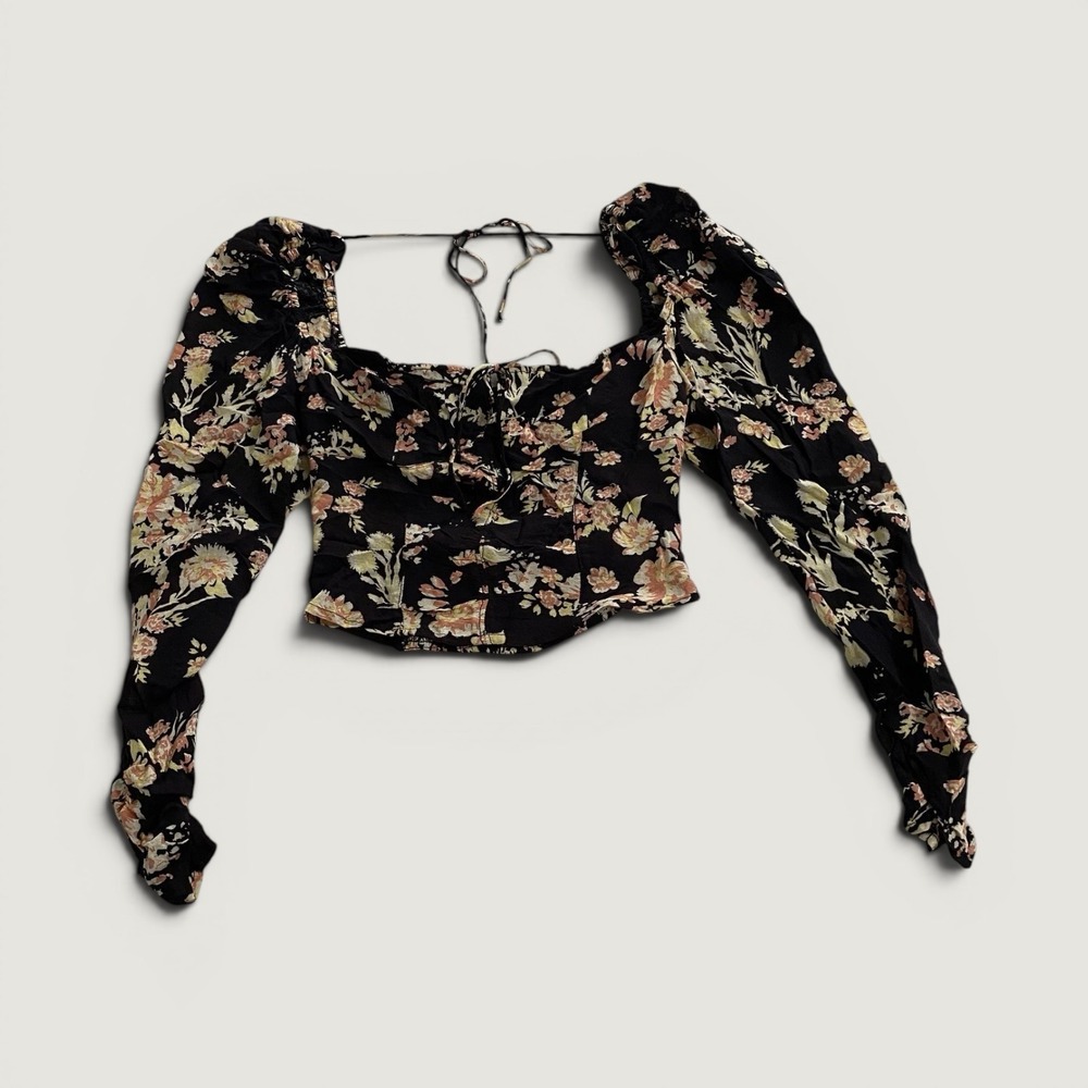 Free People Black Floral Long Sleeve Crop Top XS Festival Cottagecore Peasant